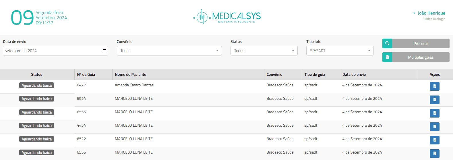Tela de faturamento do Medicalsys com guias por convênio e status