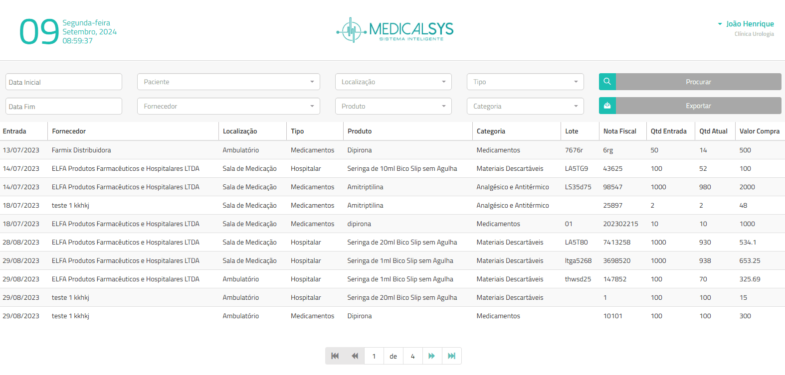 Tela de gestão do Medicalsys com filtros, fornecedores e movimentação